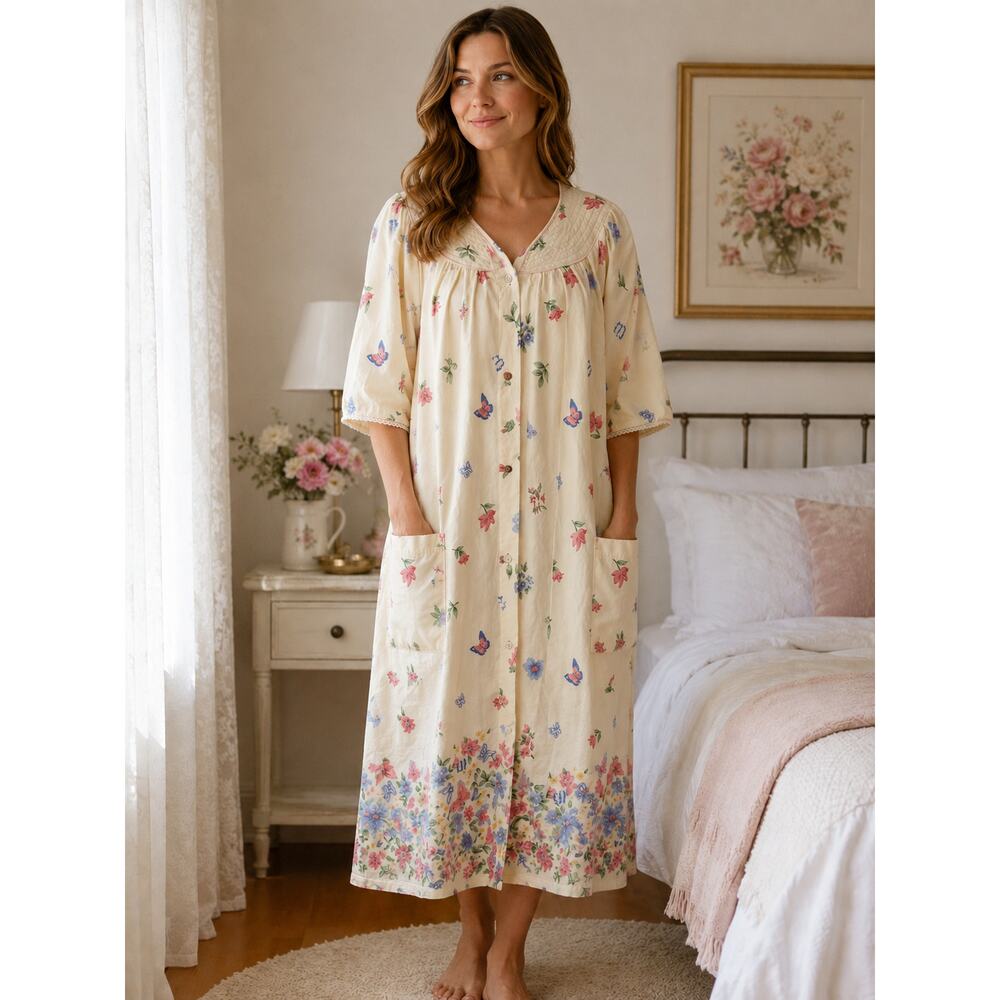 Coffee Time House Dress Duster Robe MuuMuu Yellow Floral Cotton Midi Pockets 1X